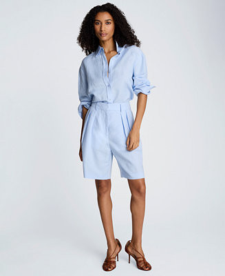 Women's Long-Sleeve Button-Front Top and High-Rise Pleated Shorts | Macy's