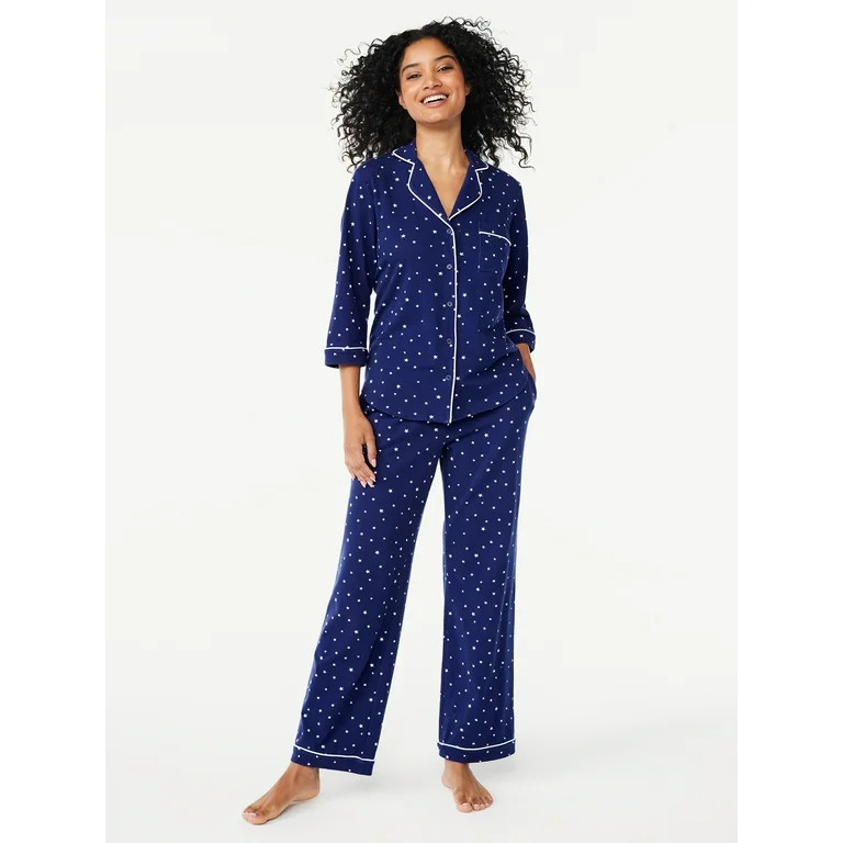Joyspun Women’s Cotton Blend Notch Collar Top and Pants Pajama Set, 2-Piece, Sizes S-4X - Walma... | Walmart (US)