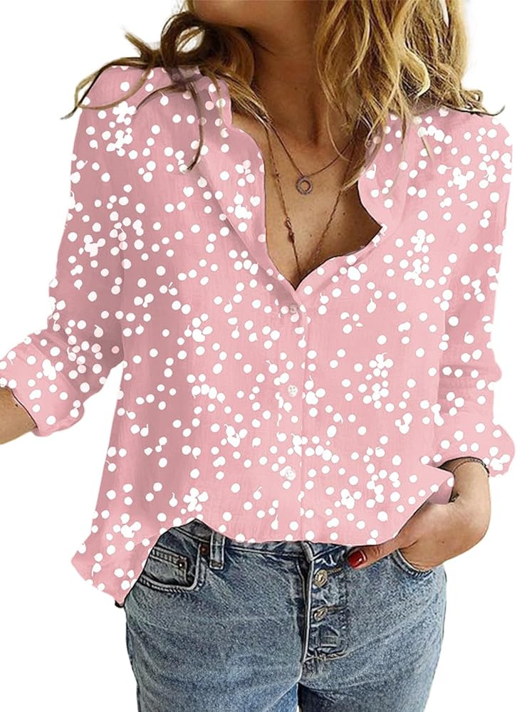 Dokotoo Women's Casual V Neck Alicia Floral Print Roll Up Long Sleeve Chiffon Button Down Blouses... | Amazon (US)