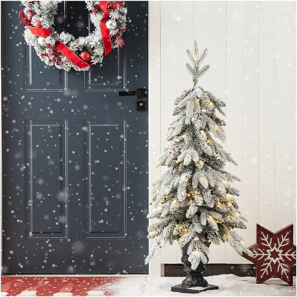 Glitzhome Pre-Lit Flocked Fir Artificial Christmas Porch Tree，4ft Christmas Tree with 100 Warm ... | Amazon (US)