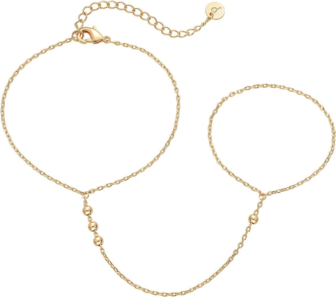 PAVOI 14K Yellow Gold Plated Hand Chains Bracelet for Women | Dainty Cubic Zirconia Bracelet and ... | Amazon (US)