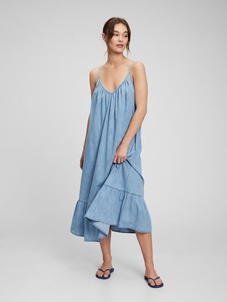 100% Organic Cotton Denim Strappy Ruffle Hem Maxi Dress with Washwell | Gap (US)