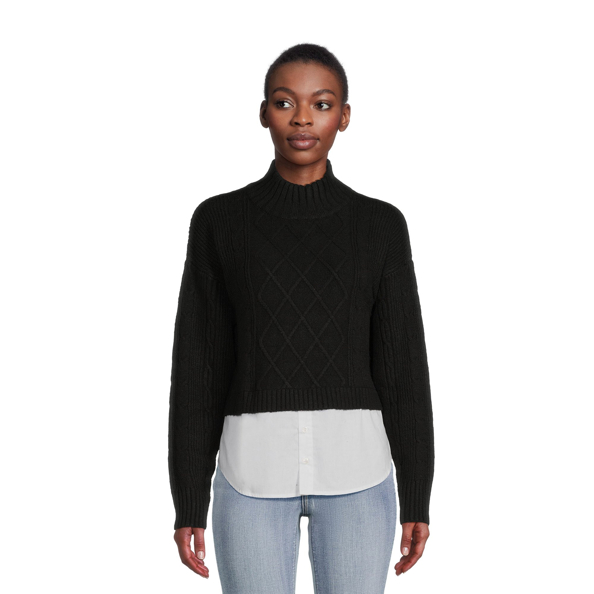 Time and Tru Women's Cable Knit Poplin Layer-Look Sweater, Sizes XS-XXXL | Walmart (US)