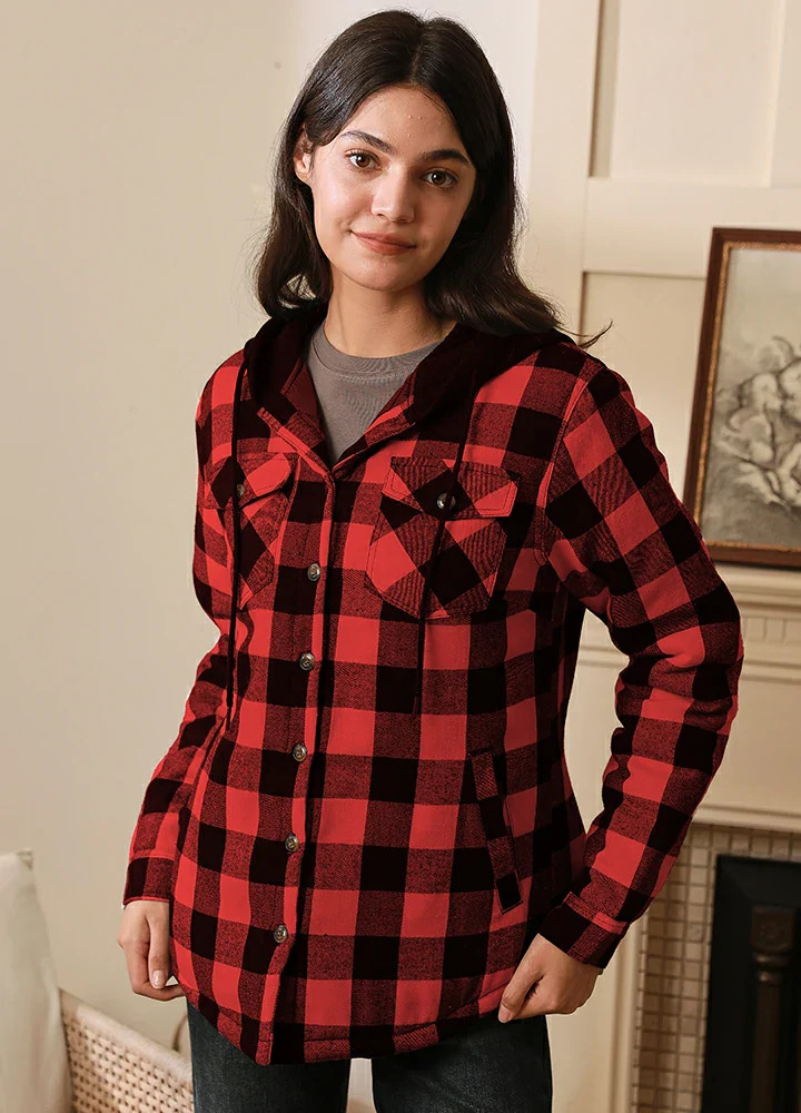 Matching Family -Women's Buffalo Red Quilted Lined Flannel Hoodie | FlannelGo