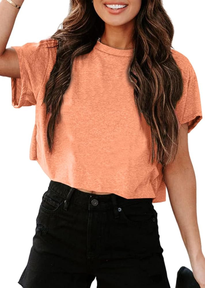 UNCLECAT Women's Cropped T Shirts Trendy Short Sleeve Crew Neck Crop Tops Solid Basic Tee at Amaz... | Amazon (US)