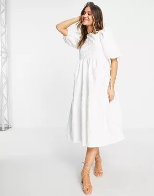 ASOS DESIGN jacquard tiered midi dress with bellow pockets in white | ASOS (Global)