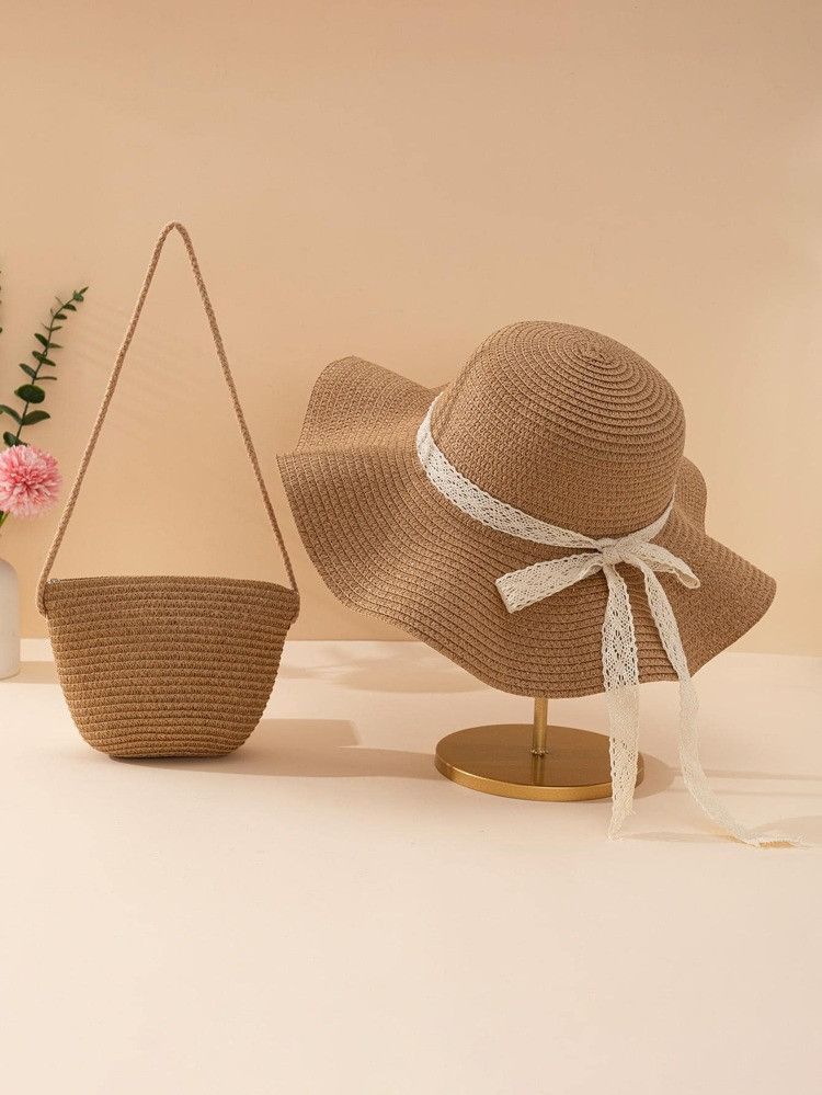 1pc Women Bow Decor Vacation Straw Hat With Straw Bag For Summer | SHEIN