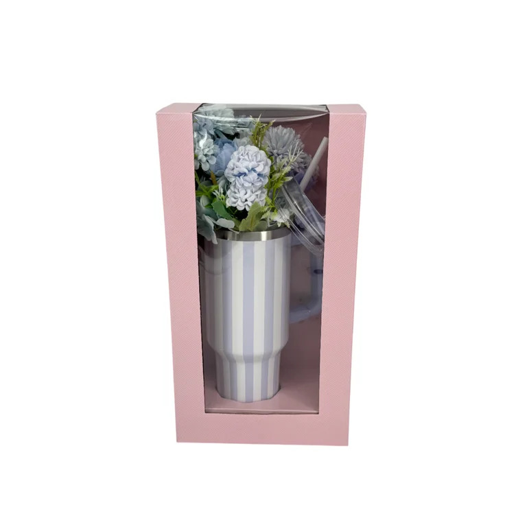 Striped Tumbler with Straw and Artificial Flower Gift Set, Blue, 40 oz, Mother's Day by Way To Ce... | Walmart (US)