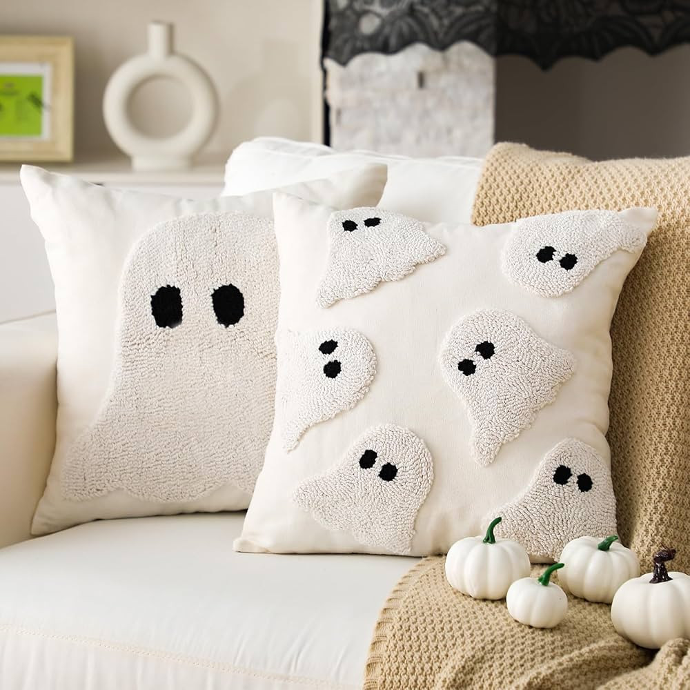 2 Pcs Halloween Pillow Covers 18 x 18 Inch White Ghost Throw Pillowcase Soft Pillow Covers Cushio... | Amazon (US)