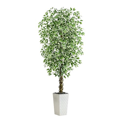 Artificial Ficus Tree Indoor 6FT Fake Plants Large Artificial Plant with Crack White Tall Planter, Green Lifelike Lush Fake Ficus Tree for Home Living Room Bedroom Outdoor Balcony House Office Decor | Amazon (US)