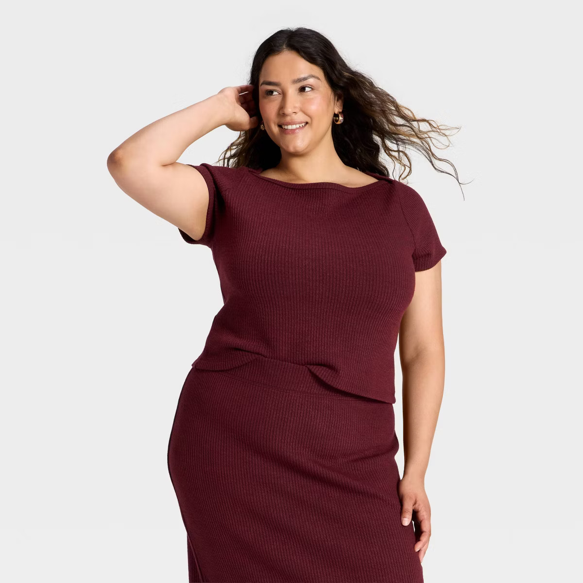 Women's Slim Fit Short Sleeve Boat Neck Ribbed T-Shirt - Universal Thread™ Burgundy XXL | Target