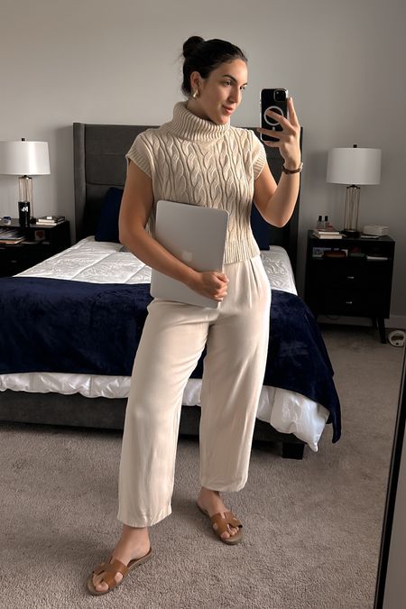 Work from home outfit 
Sleeveless sweater
Turtleneck sweater
High rise wide leg pants
Wide leg pants
Home office outfit
Work attire
Comfortable style
Elegant style
WFH style
Workwear 

#LTKhome #LTKsalealert #LTKworkwear