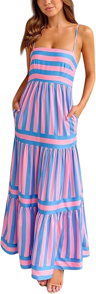 HXHYQKP Long Sundresses for Women 2025 Spaghetti Strap Graffiti Dresses Graphic A Line Swing Long... | Amazon (US)