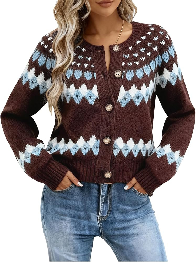 EMMIOL Womens Fair Isle Sweater Cropped Button Up Long Sleeve Cardigans Crewneck Knit Sweater Coa... | Amazon (US)