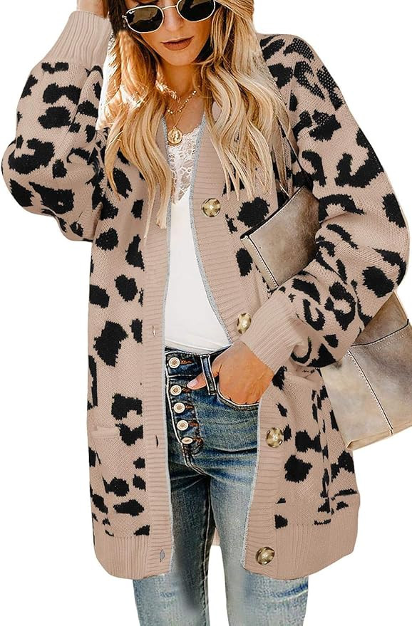 Ashuai Womens Leopard Long Cardigans Sweater Oversized Chunky Button Down Open Front Loose Knitte... | Amazon (US)