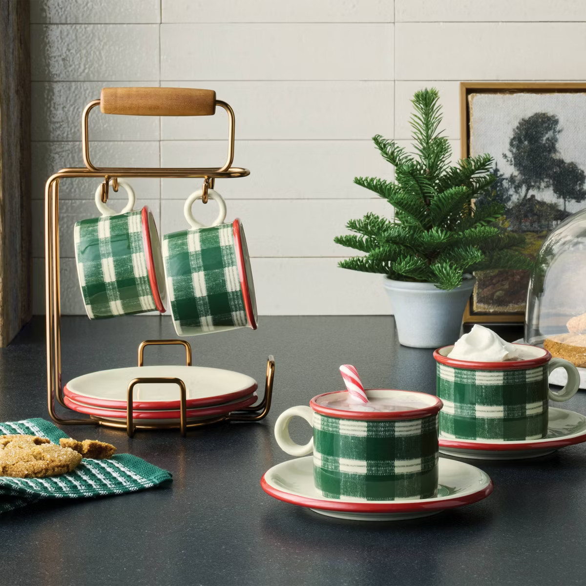 9pc 6.5oz Stoneware Reactive Glaze Hot Cocoa Caddy Green/Cream Plaid - Hearth & Hand™ with Magn... | Target