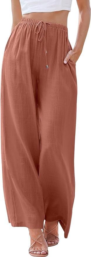 ANRABESS Women's Linen Summer Palazzo Pants Flowy Wide Leg Beach Casual Pant Trousers with Pocket... | Amazon (US)