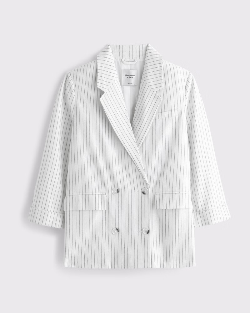 Abercrombie & Fitch Women's Double-Breasted Linen-Blend Slouchy Blazer in White Pinstripe - Size XXS | Abercrombie & Fitch (US)