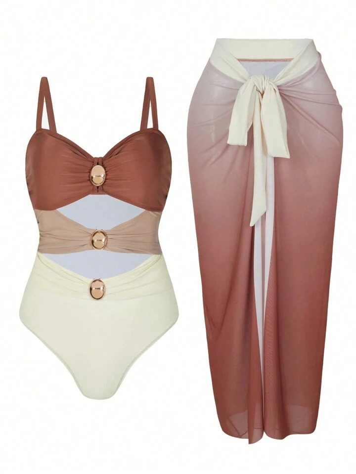 SHEIN Swim Oasis Plus Size Women 2-Piece Gradient Three-Color Block Metal Hemisphere Decor Hollow... | SHEIN