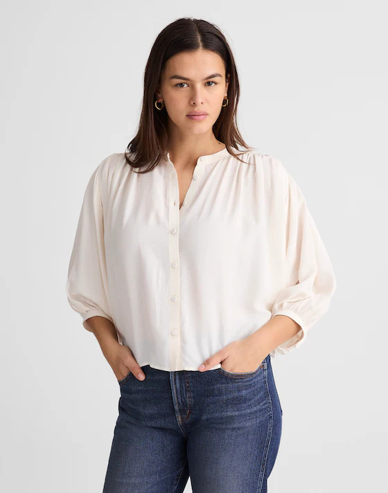 Shirred Crewneck Button-Up Top | Madewell
