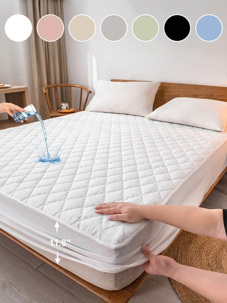 1 pieza Protector de colchón acolchado de unicolor, se ajusta a camas de todos los tamaños, con sábana ajustable elástica, transpirable y cómodo, lavable a máquina, adecuado para dormitorio del hogar, uso en todas las estaciones, cubierta de cama a prueba de polvo, hecho de tela suave y transpirable, adecuado para la decoración otoñal del hogar | SHEIN