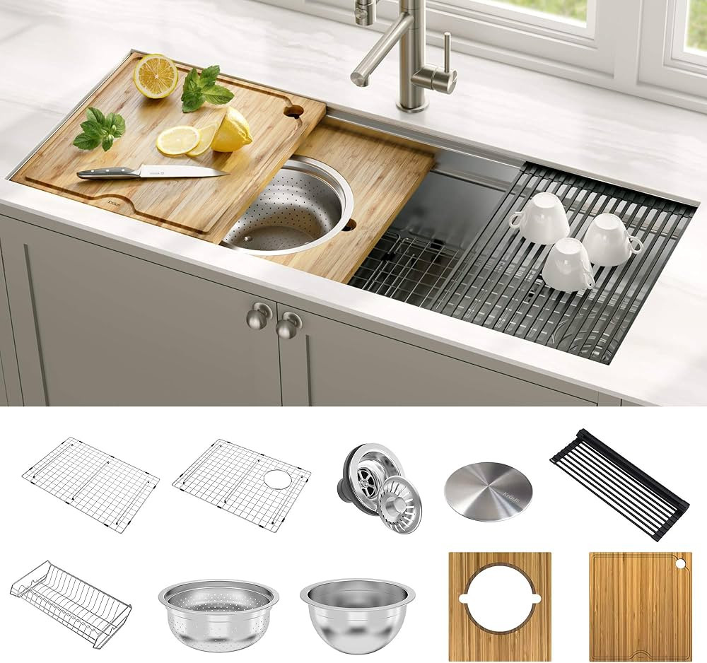 KRAUS KWU120-45 Kore 2-Tier Workstation 45-inch Undermount 16 Gauge Single Bowl Stainless Steel K... | Amazon (US)