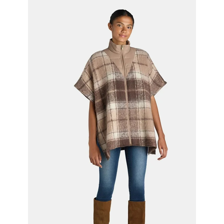 Time and Tru Women's Plaid Fashion Cover-Up Puffer Poncho, Tan, Size S/M | Walmart (US)