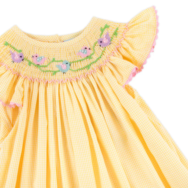 Yellow Check Bird Smocked Bubble | Classic Whimsy
