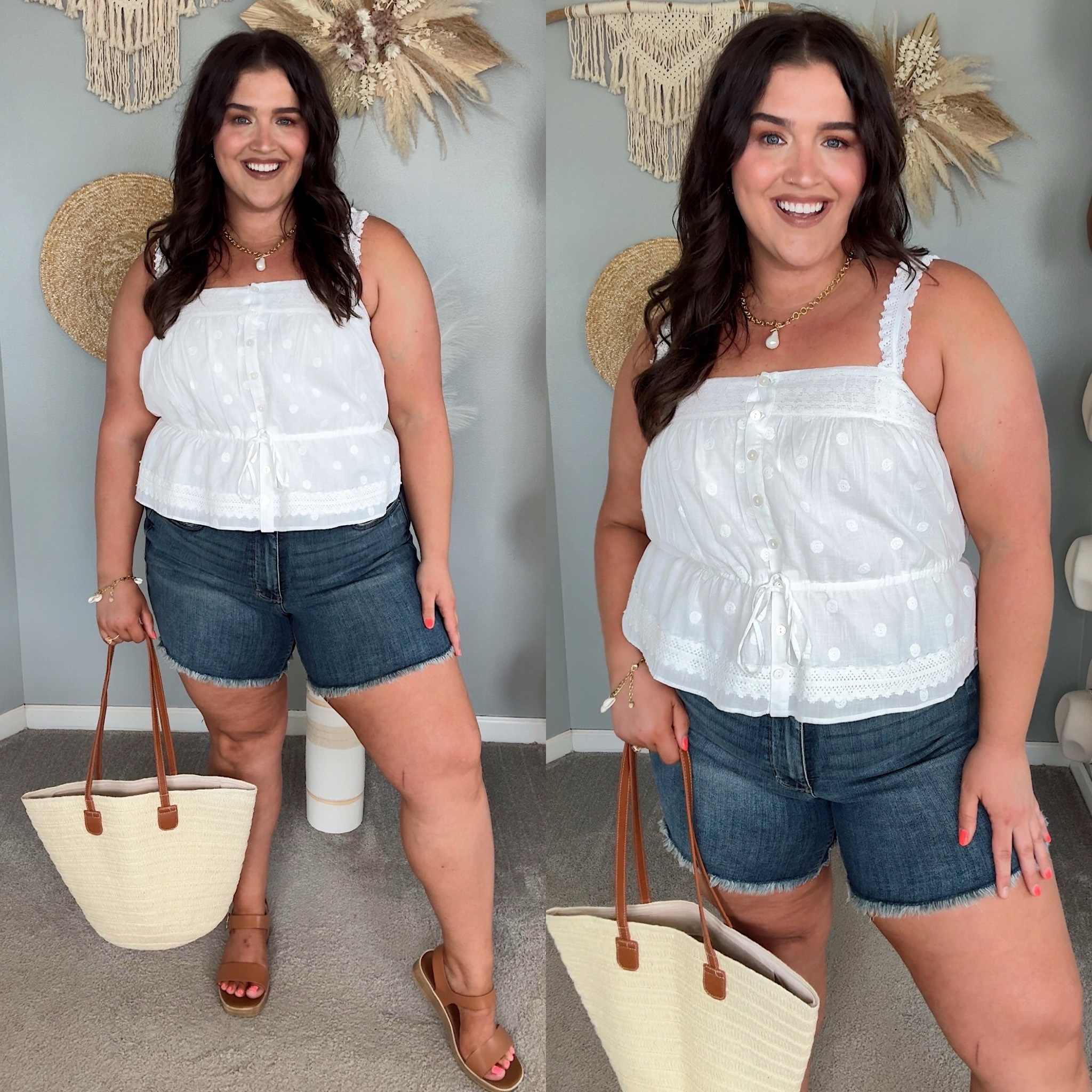 Casual everyday Summer outfit ☀️ 
White peplum tank top, dark wash denim shorts, sandals, straw tote bag 
Shirt: XL 
Shorts: 1X 

#LTKSeasonal #LTKMidsize #LTKStyleTip
