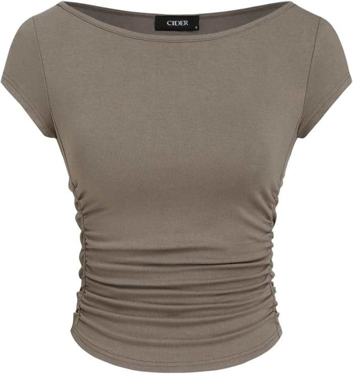 CIDER Women Ruched Crop Top Cap Sleeve Tee Boat Neck Fitted T Shirts | Amazon (US)