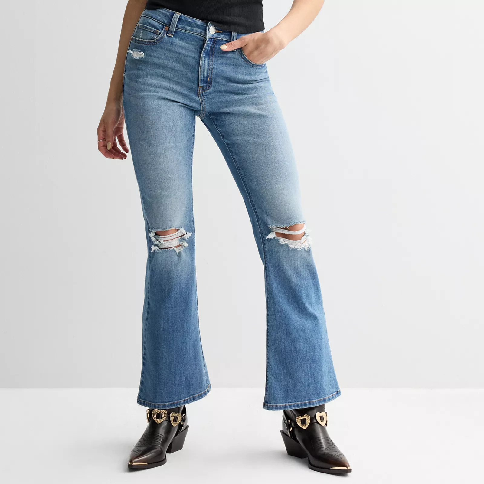 Juniors' SO® High Rise Flare Jeans, Girl's, Size: 0, Medium Blue Destruct | Kohl's