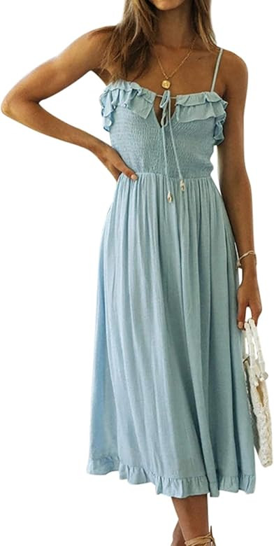R.Vivimos Womens Summer Cotton Spaghetti Straps V-Neck Ruffle Casual Boho Midi Flowy Dress | Amazon (CA)
