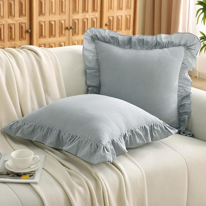 Blue/White Plaid Ruffle Throw Pillow Covers Farmhouse Checkered Gingham 18"x18" Vintage Washed Co... | Amazon (US)