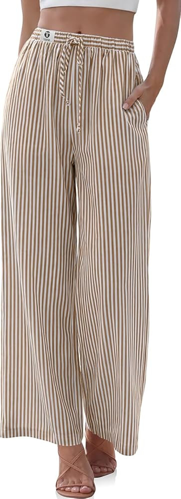 TARSE Womens Linen Striped Gingham Wide Leg Pants Palazzo Drawstring Lounge Pajama Pants Cute Cas... | Amazon (US)