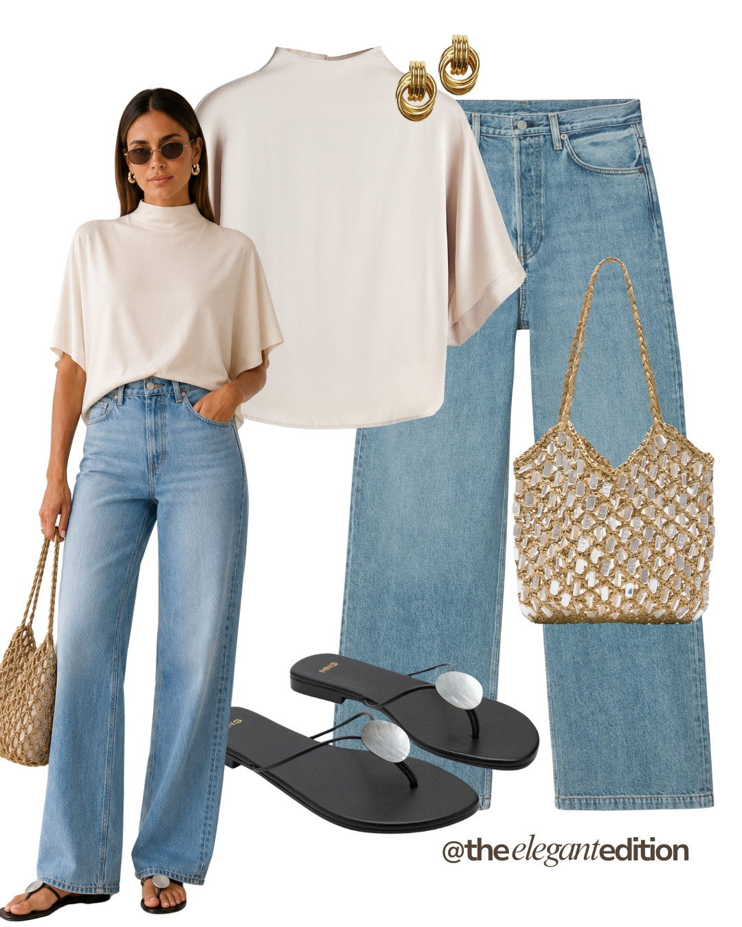 CREAM TOP & WIDE-LEG DENIM LOOK 🤍 — Cream mock-neck top, wide-leg light-wash jeans, gold knot earrings, woven metallic tote and black pearl thong sandals.
#summeroutfit #oldmoney #LTKsummer #LTKstyletip 

 #LTKeurope #LTKstyletip #LTKjeans