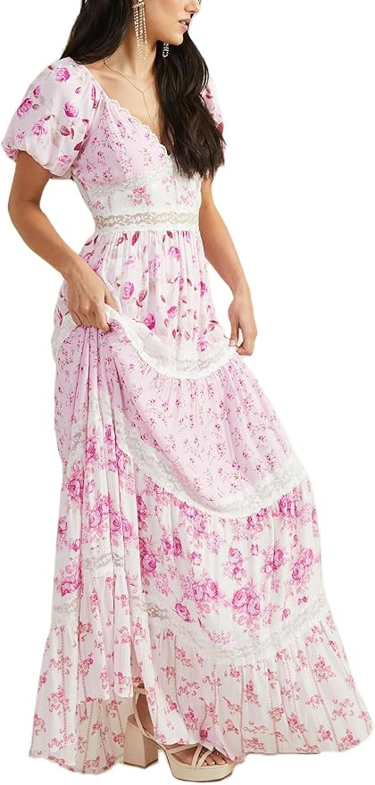 Women Floral Patchwork Maxi Dresses Puff Sleeve Square Neck Smocked Tiered Dress Flowy A Line Bea... | Amazon (US)