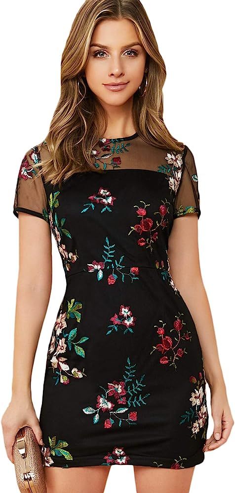 Florens Women's Floral Embroidered Short Sleeve Sheer Mesh Fitted Dress | Amazon (US)