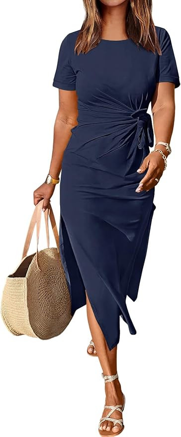 ANRABESS Women's 2025 Summer Maxi Tshirt Dress Short Sleeve Crewneck Tie Waist Casual Slim Fit Sl... | Amazon (US)