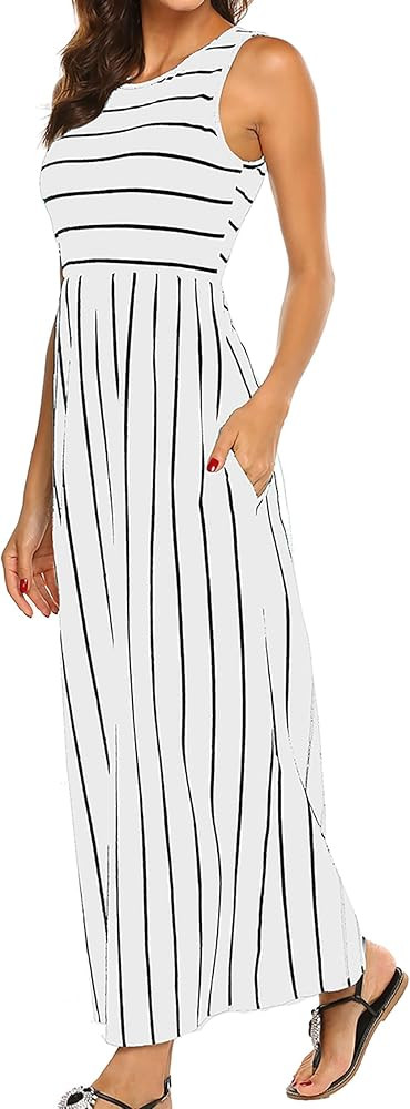 Hount Women's Summer Sleeveless Striped Flowy Casual Long Maxi Dress with Pockets | Amazon (US)