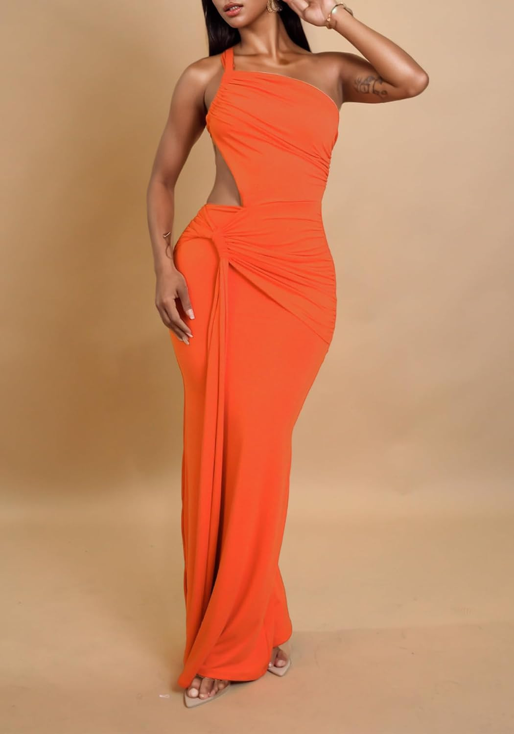 DINGANG Women's One Shoulder Bodycon Maxi Dresses Sleeveless Cutout Ruched Backless Long Cocktail... | Amazon (US)