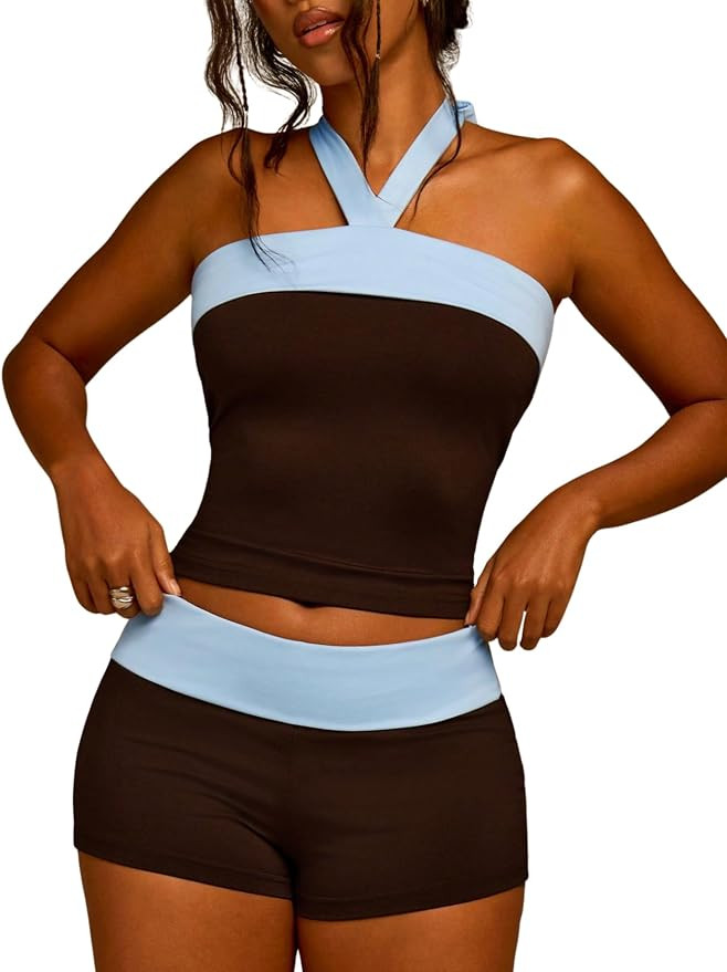SOLY HUX Women's 2 Piece Summer Outfits Color Block Halter Tank Tops and Mini Shorts Going Out Wo... | Amazon (US)