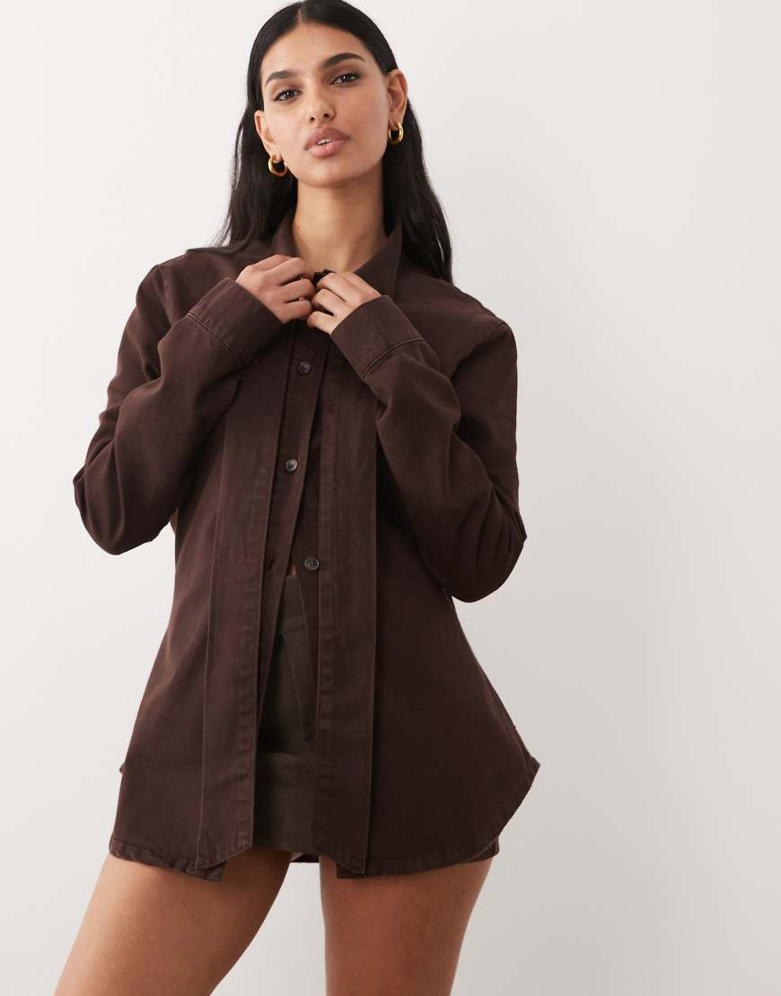 ASOS DESIGN tie neck denim shirt in chocolate brown | ASOS (Global)