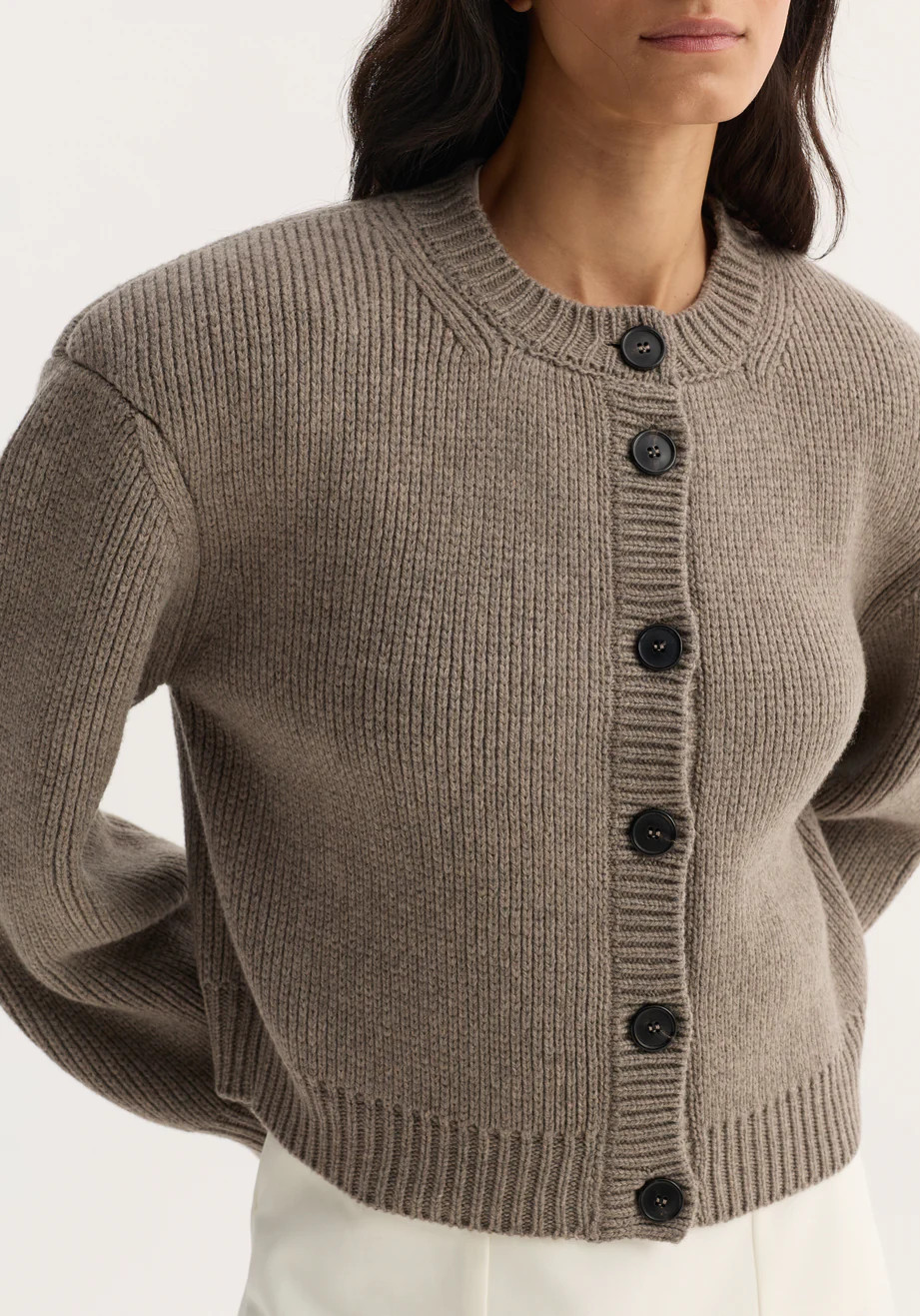 statement shoulder cardigan | clay melange | Rohe