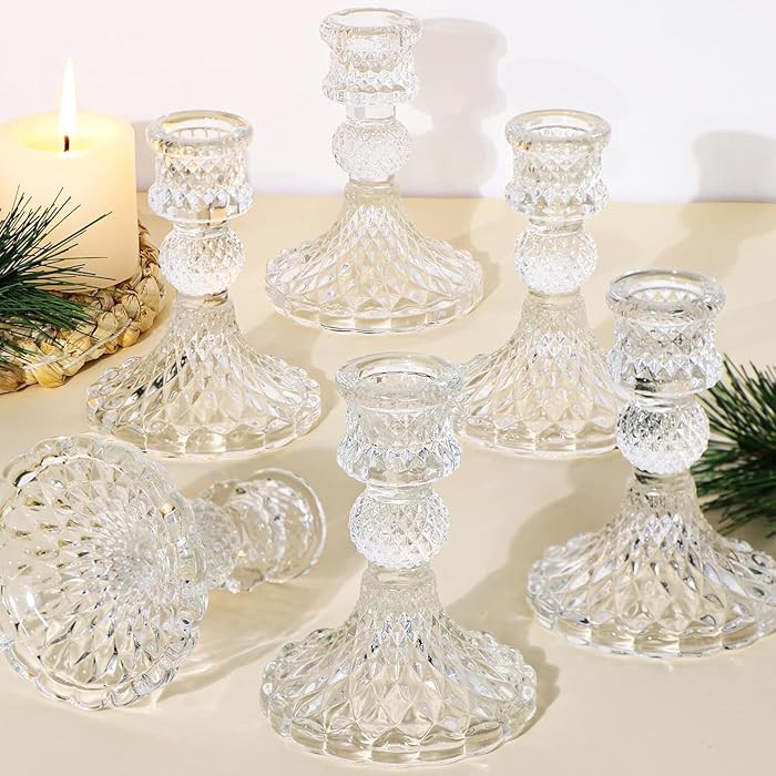 Glass Candle Holder Set of 6, Clear Candlestick Holder & Vintage Candlestick Holder, Taper Candle... | Amazon (US)