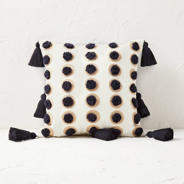 Embroidered Dots with Pom-Poms Square Throw Pillow Cream/Black - Opalhouse&#8482; designed with J... | Target