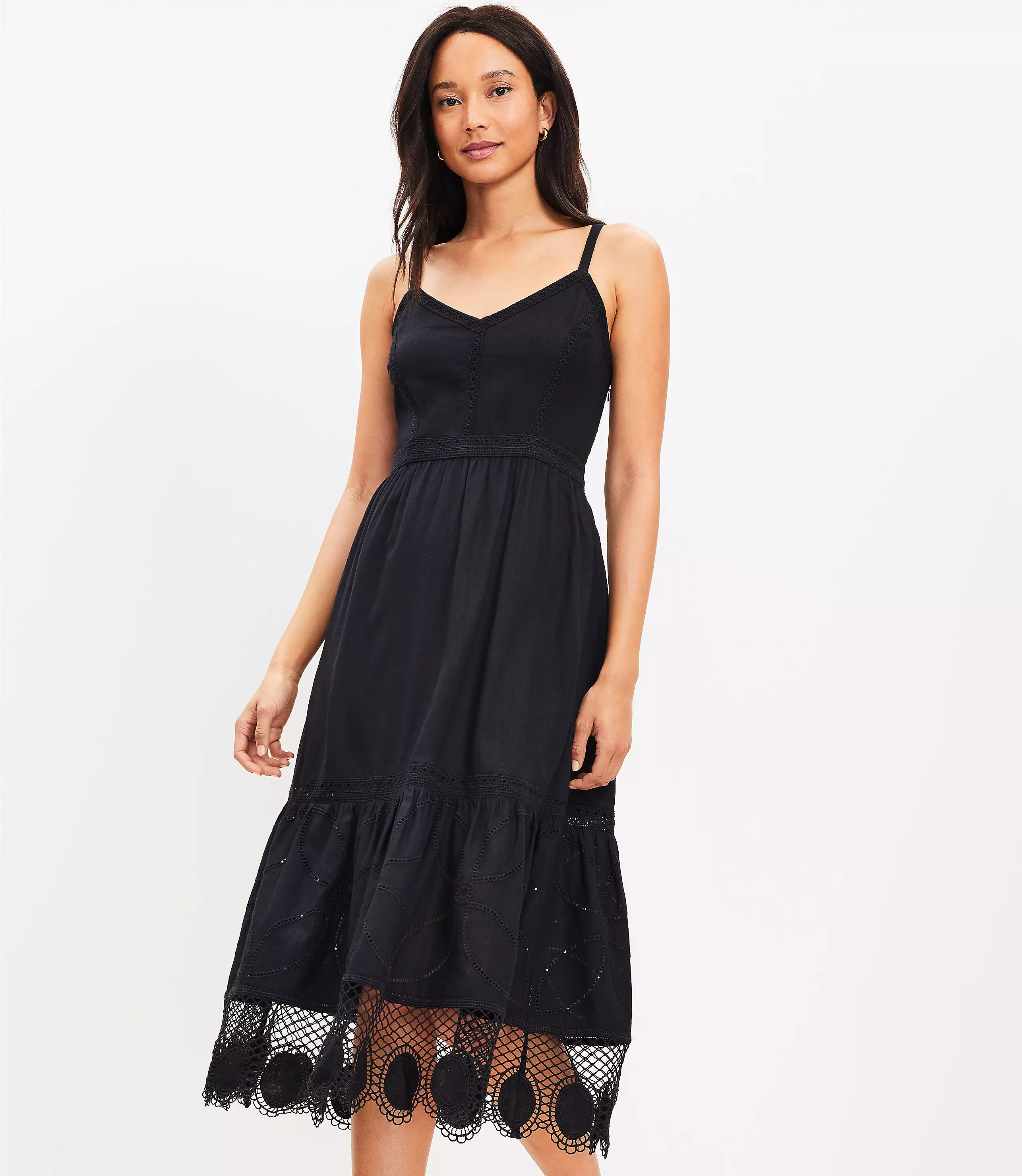 Lace Trim Linen Blend Strappy Midi Dress | LOFT