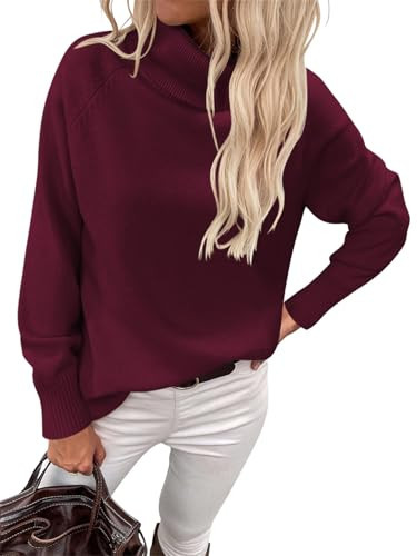 HEHULL Women's Burgundy Turtleneck Sweater Long Sleeve Oversized Knitted Soft Pullover Sweaters for Fall Winter 2024 | Amazon (US)