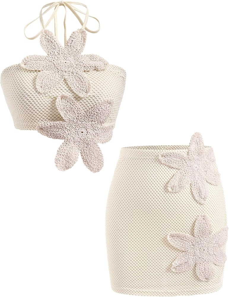 Women's 2 Piece Crochet Outfits 3D Floral Backless Halter Crop Top and Mini Knit Skirt Beach Vaca... | Amazon (US)