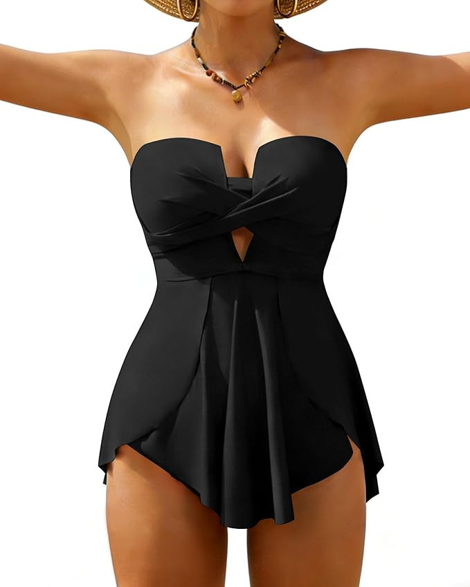 XUNYU One Piece Swimsuits for Women Bandeau Strapless Bathing Suits Tummy Control Modest Swim Dre... | Amazon (US)