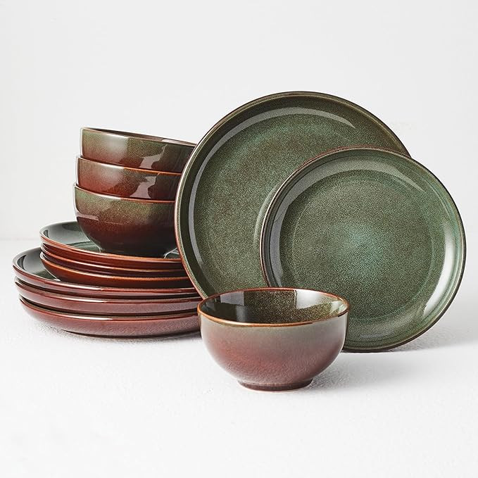 Stoneware Dinnerware Sets Service for 4, 12 pcs Reactive Glaze Plates and Bowls Sets, Handmade Ce... | Amazon (US)